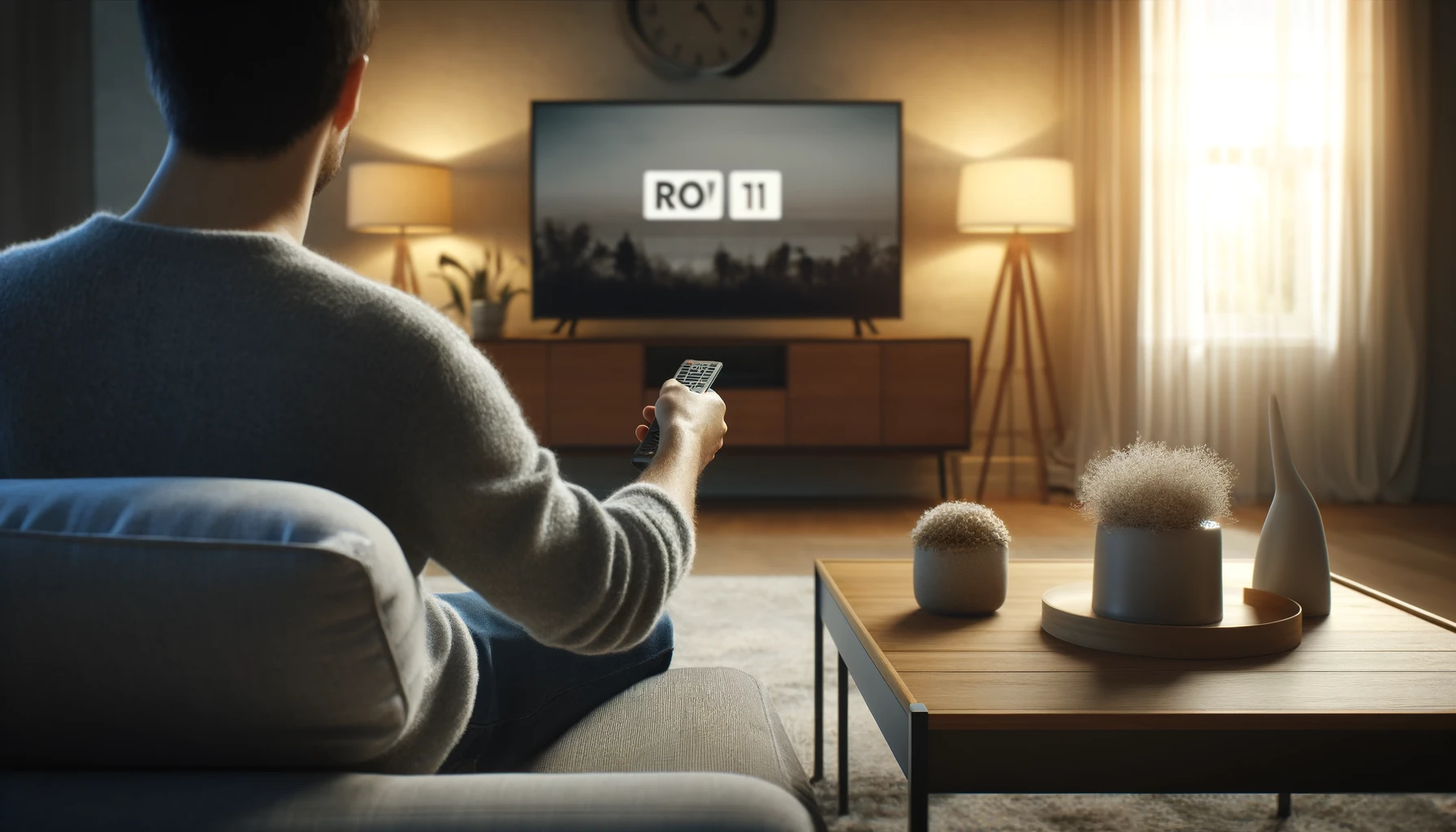 DALL·E 2024-06-05 12.58.43 – A realistic image of a man sitting on his couch from behind, turning on the TV with a remote. The living room should be cozy with soft lighting, a cof